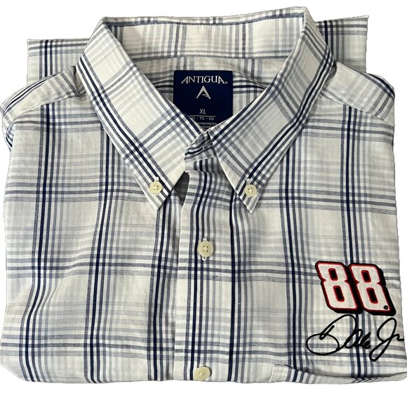 Antigua Men's XL Dale Earnhart Jr Short Sleeve Button Down Plaid Shirt - Picture 1 of 5